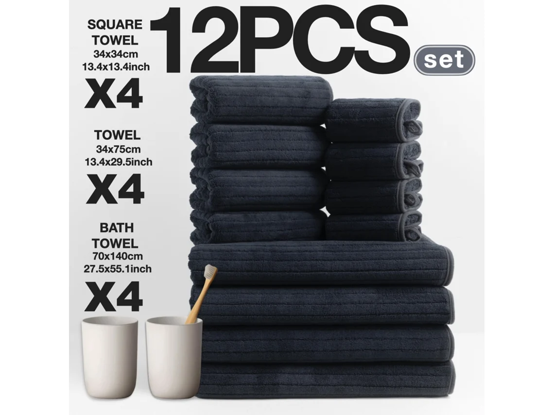Toalla de baño SIURN de vellón coral a rayas, suave y absorbente, 12 unidades, negra