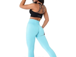 Leggings Sem Costuras Para Mulher Esporte Elásticos De Algodão Suave Alto Tornozelo Levanta Bumbum Azul Claro