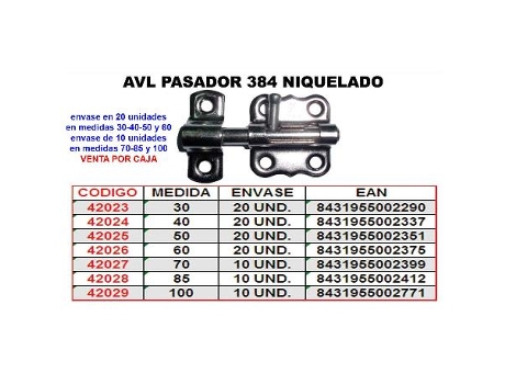 Avl pasador 384 niquel 85 mm (caja 10 unidades)