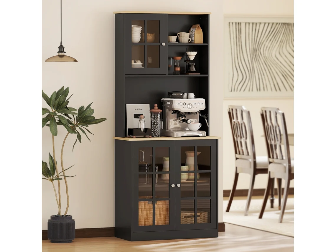 Despensa Alta Cocina 80x37x183 Cm Negro Puertas Vidrio Estantes Almacenamiento Electrodomésticos Vajilla Cocina Salón