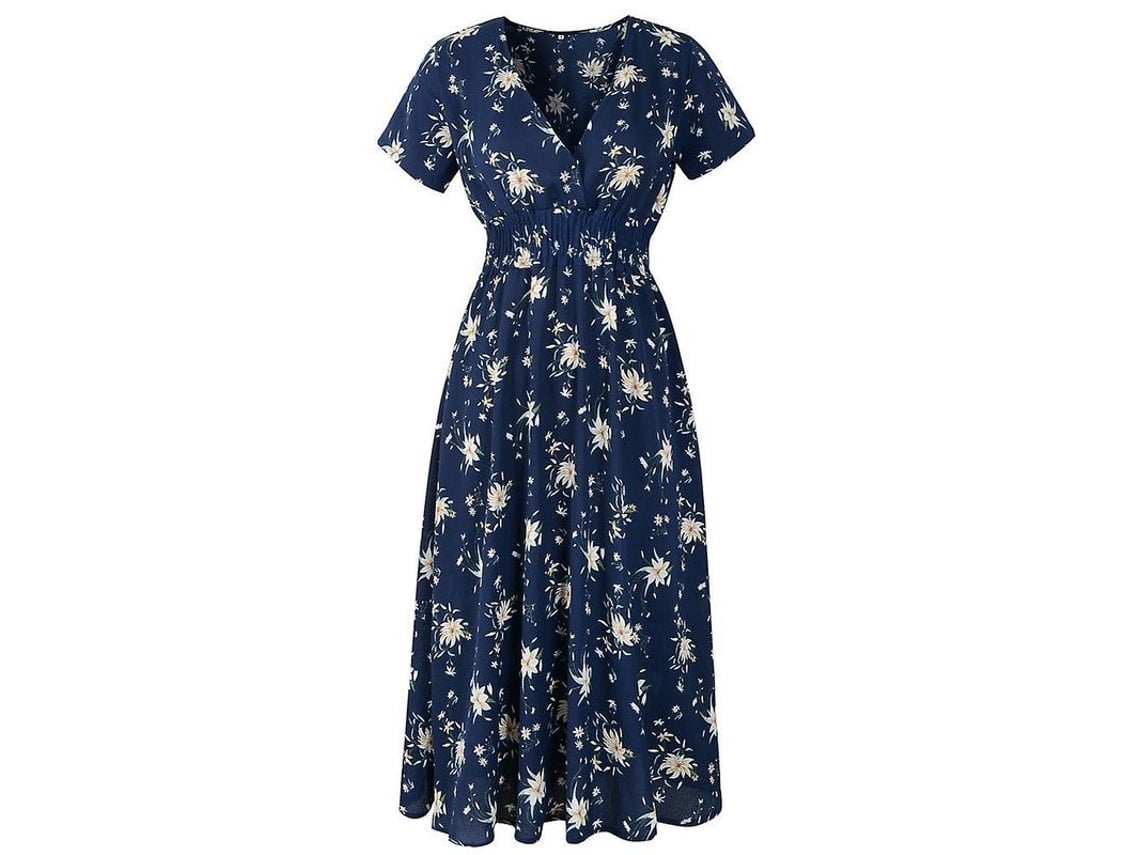 2026-vestido Midi Boho De Chiffon Con Estampado Floral Cuello V Corto Manga Verano Playa Casual