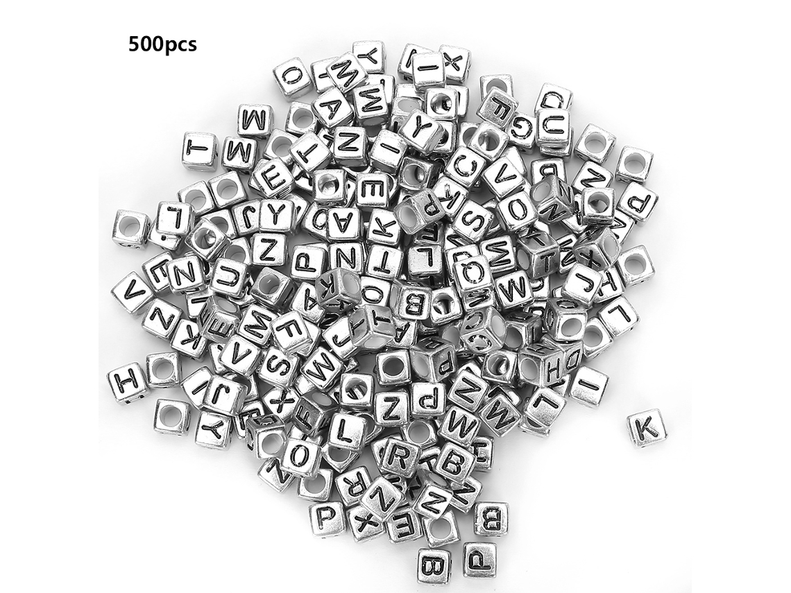 500 Cuentas Acrílicas, Letras Cuadradas, 6 Mm, Accesorios Para Joyería Diy, Color Plata.