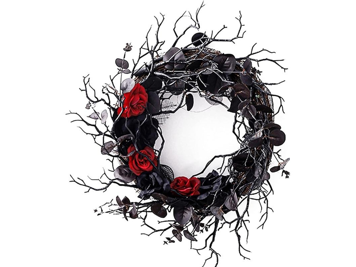 Corona De Halloween Para Puerta Con Calavera Negra Y Rosas Rojas Artificiales.
