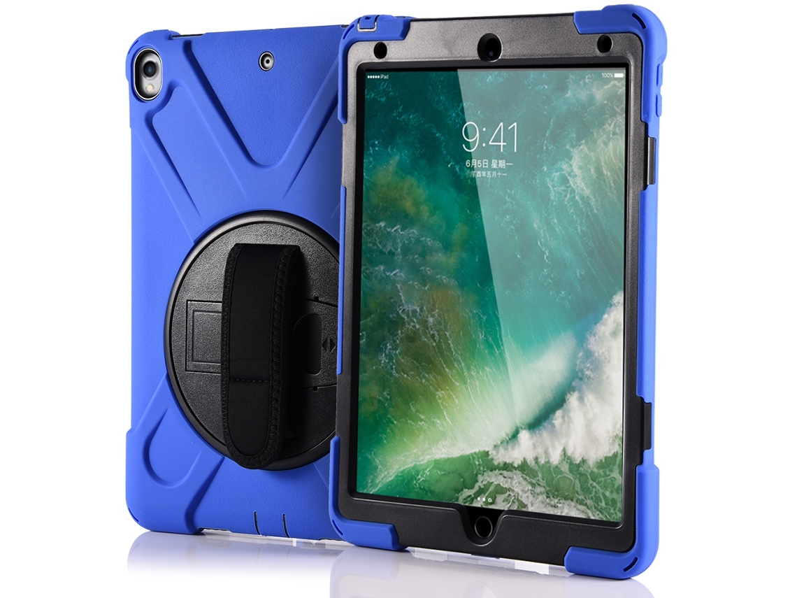 Funda protectora de 4 capas a prueba de golpes para iPad Pro en color azul y dorado claro.