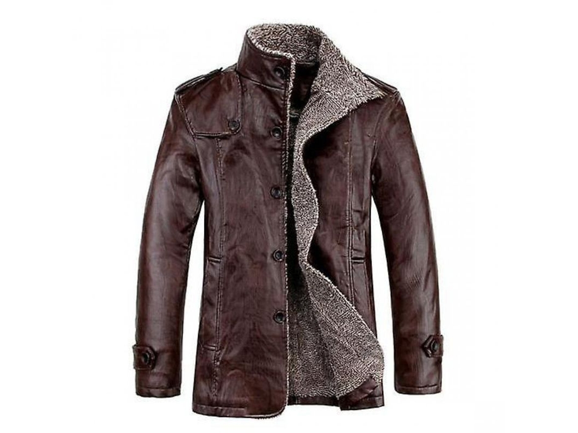 2026-chaqueta De Cuero Pu Para Hombres Invierno Abrigo Largo Warm Plush Casual Business Windproof Ccw 4xl Marrón