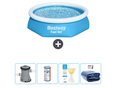 Piscina hinchable redonda Fast Set BESTWAY - 244 x 61 cm - Azul - Bomba incluida Filtrar - Tiras de prueba - Vela solar