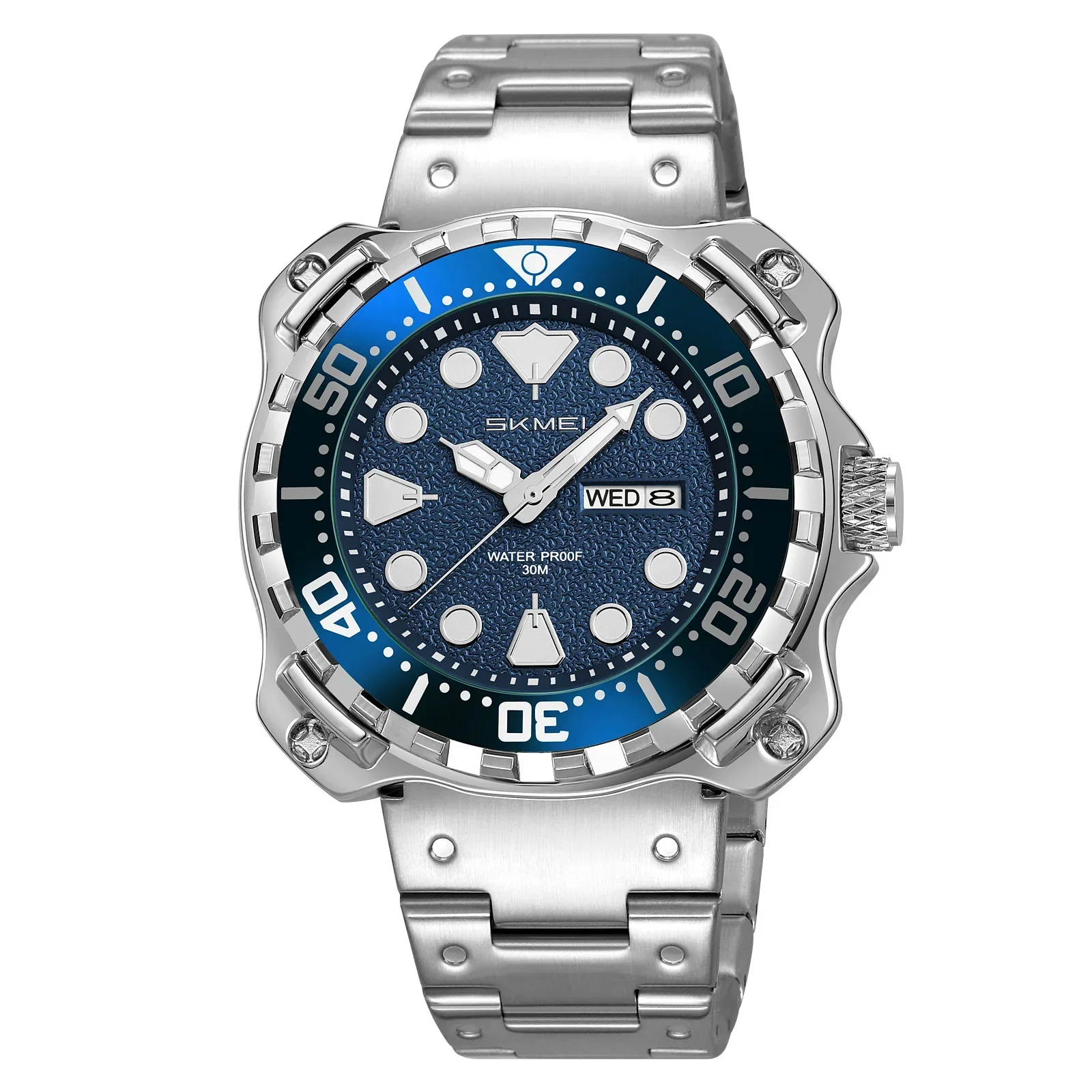 Reloj Deportivo Elegante Para Hombre (plateado-azul) Con Indicador De Fecha Y Día, Correa De Acero Inoxidable.