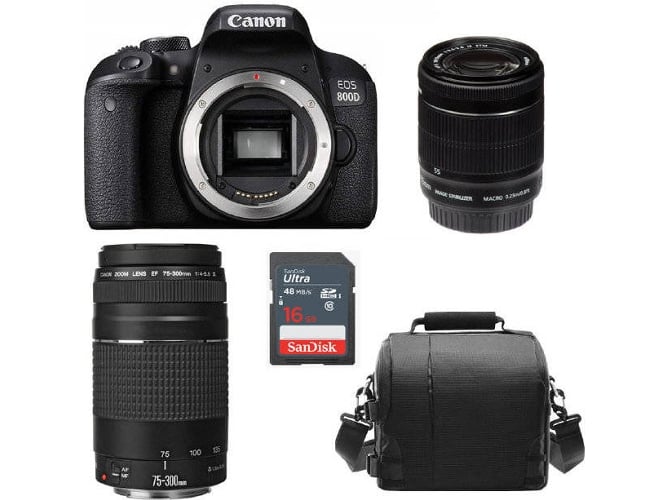 Kit Cámara Réflex CANON EOS 800D + EF-S 18-55mm f / 3.5-5.6 IS STM + EF 75-300MM F4-5.6 III + Bolsa + SD de 16GB