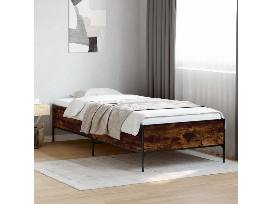 Estructura Cama Madera Ingeniería Metal Roble Ahumado 90x190 Cm
