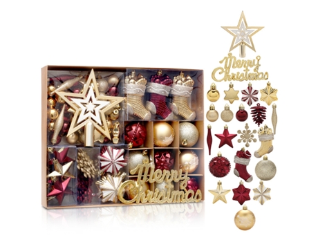 Conjunto de Adornos de Navidad ZMDECQNA Piezas Adornos Navideños Oro Juego Bolas Inastillables Plástico Rojo - 70un