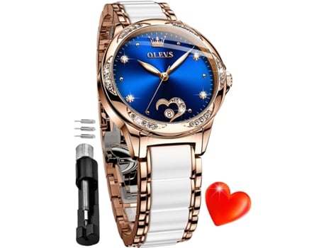 VEANXIN Reloj automático para Mujer Reloj de Diamantes Reloj de señora de cerámica de Oro Rosa para Mujer(azul)