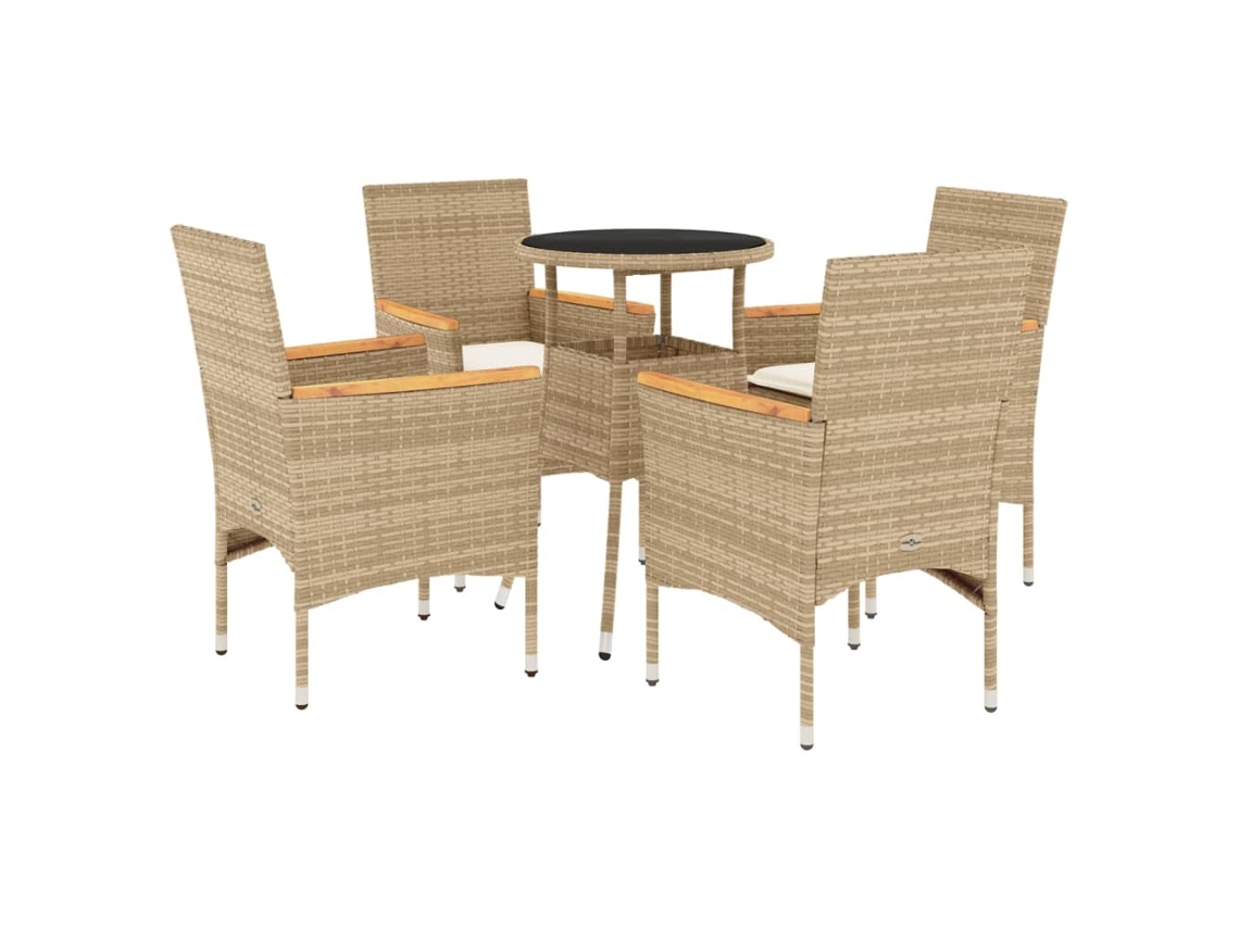 Juego de 5 juegos de comedor de jardín con cojines de mimbre, patas de cristal beige, EXCLUSIVO DE LA CASA