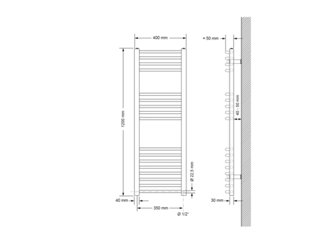 Radiador eléctrico de baño con elemento calefactor 900W 400x1200 mm Cromo curvado con conexión lateral LUXEBATH