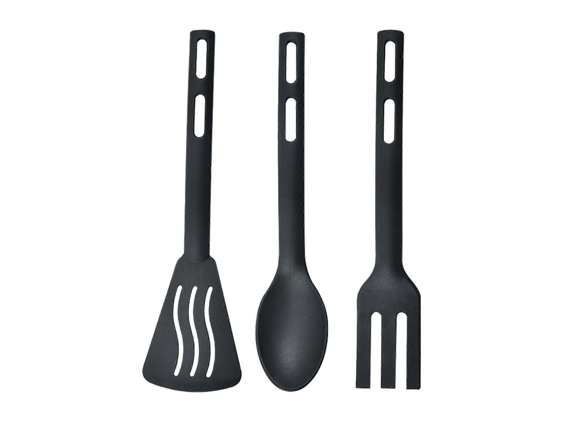 Juego de utensilios de cocina fabricados en nailon resistente al calor y antiadherente, que incluye una espátula y una cuchara resistentes a los arañazos.