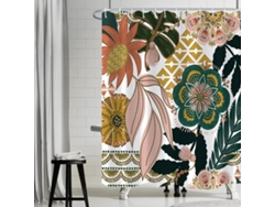 Cortina de ducha estilo bohemio con ganchos de plástico, flores y hojas verdes y rosas (180 x 180 cm)
