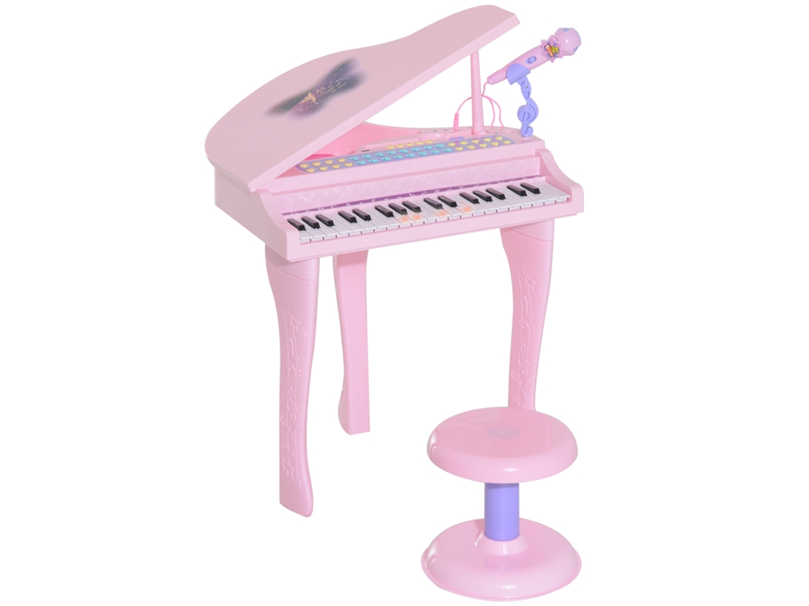 Piano Eletrônico Infantil 37 Teclas Modo Ensino Microfone Luzes Músicas Rosa 3+