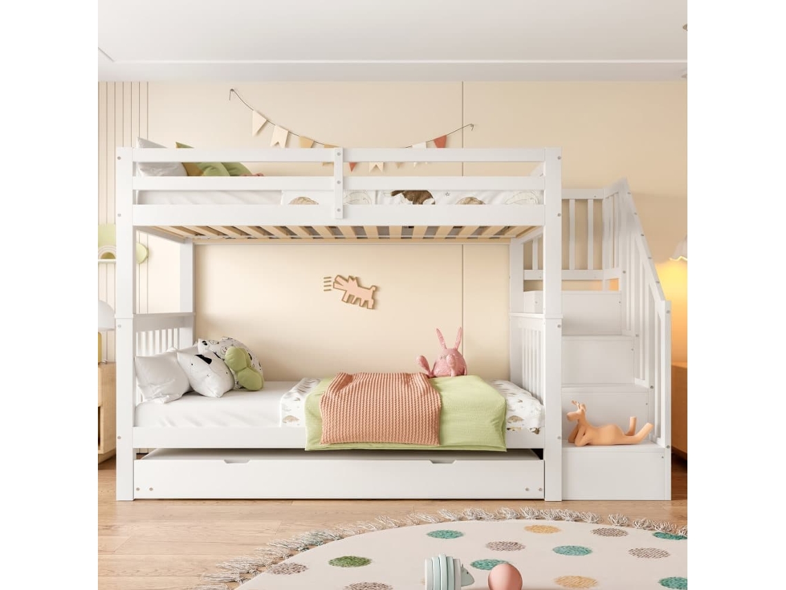 Litera 90x200 Cm - Con Estantería Escalera, Cama Nido Extraíble, Barandillas Altas, Certificación En747-1 - Blanco
