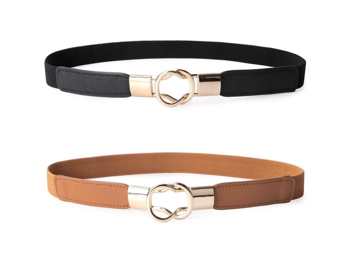 Paquete De 2 Cinturones De Cuero Finos De Moda Para Mujer Con Hebilla De Metal Dorado, Elásticos, Color Negro/marrón.