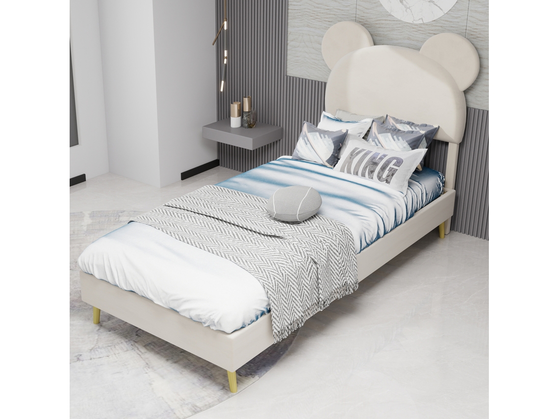 Cama minimalista tapizada de 90 x 200 cm con cabecero de dibujos animados, base baja, sin almacenaje, beige Mobrio