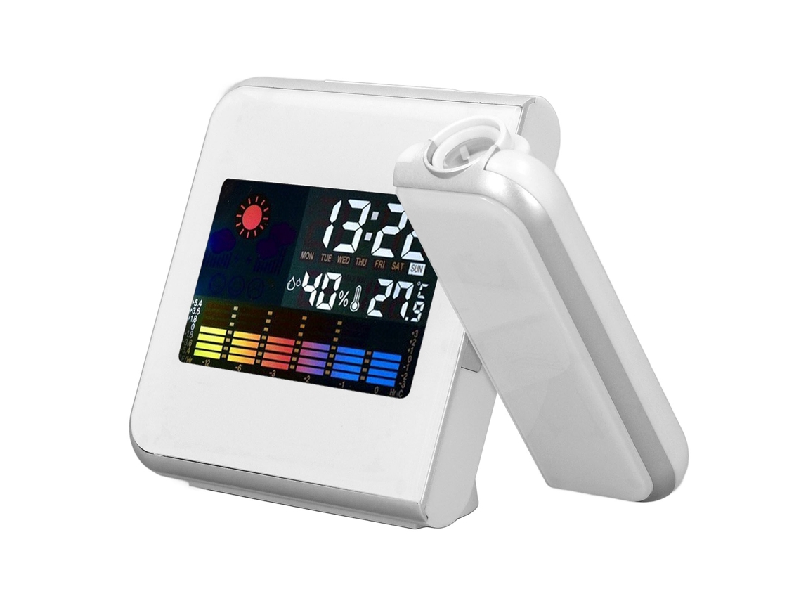 Reloj Estación Meteorológica Con Proyección Tiempo Humedad Display Lcd Luz Led Función Snooze Blanco Sin Cable
