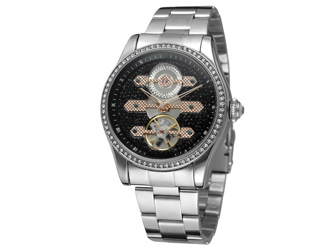 Reloj Automático Mecánico Para Hombre Forsining Con Piedras Strass Negro Oro Rosa