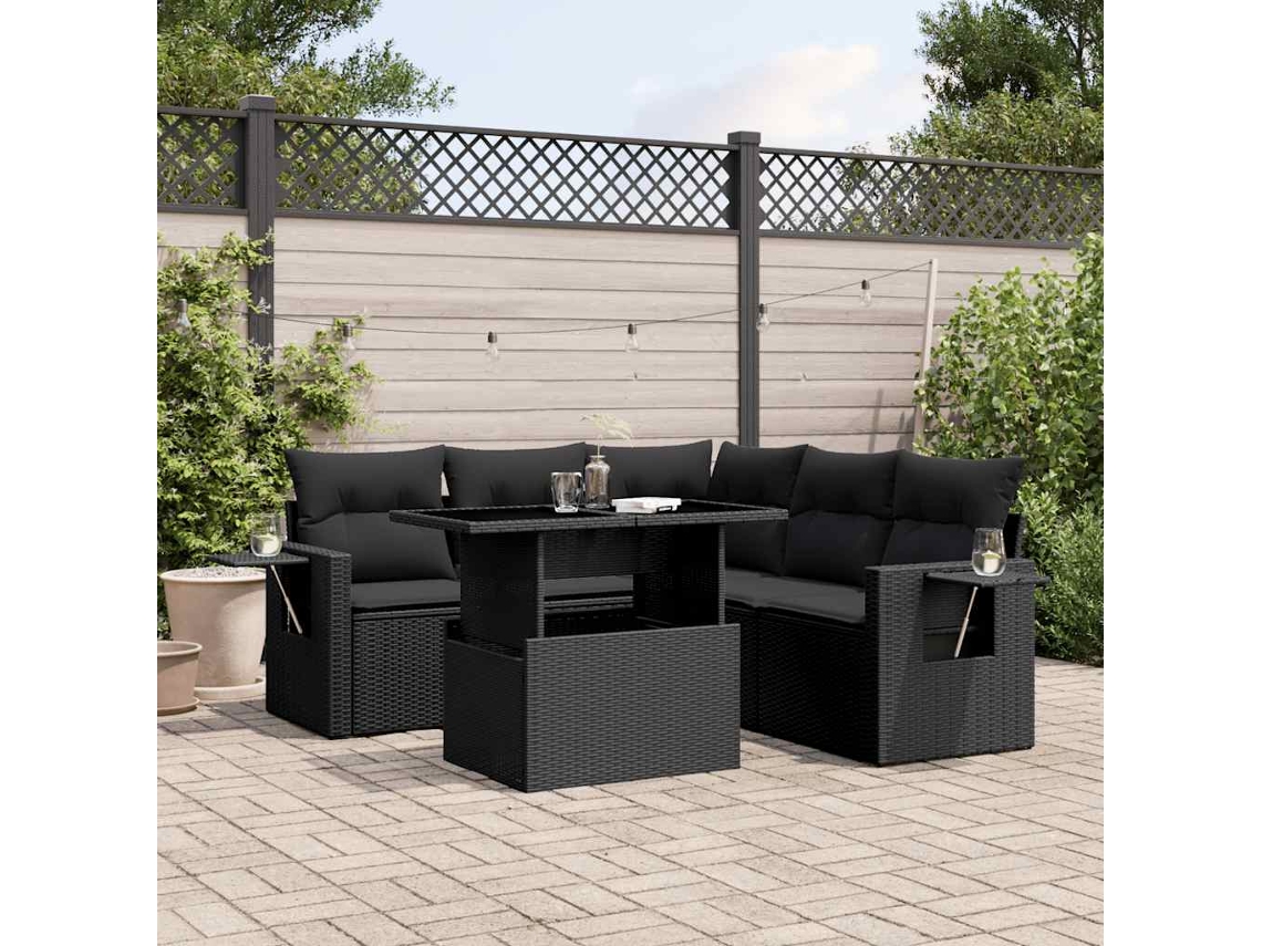 Conjunto de sofá de jardín de 6 piezas con cojines, mimbre sintético negro, DKD Home Decor