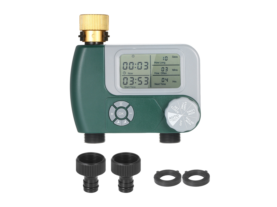 Temporizador Digital Programable Para Manguera Con 2 Salidas Para Riego Automático De Jardines Exteriores.