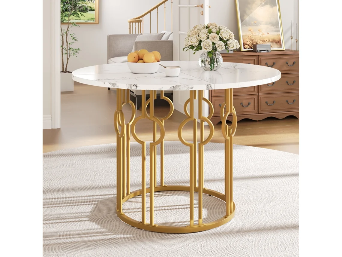 Mesa Redonda 100x100x76 Cm - Mesa De Comedor Con Patas Metálicas Y Tablero Mdf Marmoleado - Dorado
