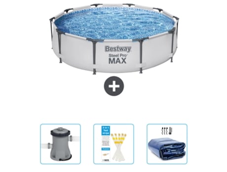 Piscina BESTWAY Round Steel Pro MAX - 305 x 76 cm - Gris - Incluida Bomba - Tiras de prueba - Vela solar