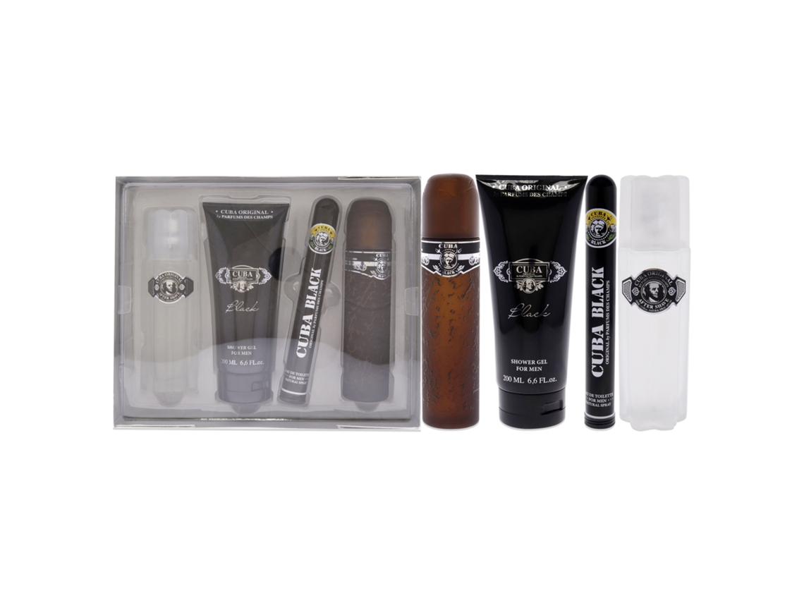 CUBA CUBA Black For Men Set de Regalo 4 Piezas 3.3 oz de EDT Spray, 1.7 oz de EDT Spray, 3.3 oz de After Shave, 6.7 oz de Gel de Ducha
