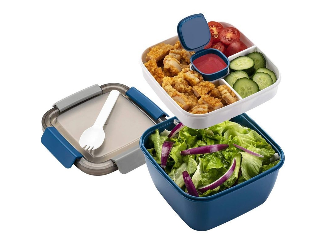 Recipiente Para Ensalada Con 3 Compartimentos, A Prueba De Fugas, Material Seguro, Azul.