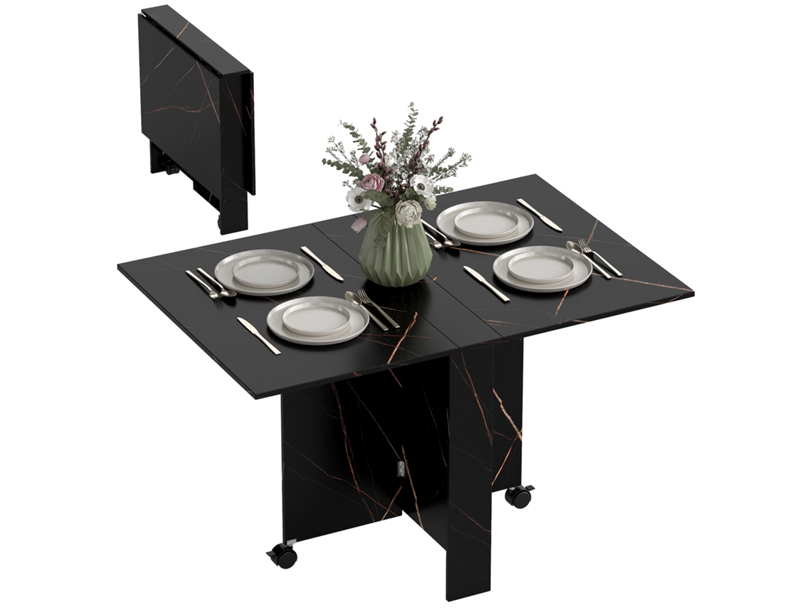 Mesa Cozinha Dobrável Rodízios Efeito Mármore Preto 120x80x73
