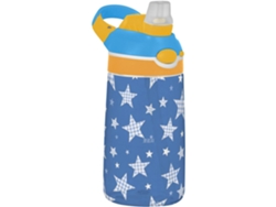 Botella de agua infantil ligera de plástico Tritan con asa, estampado a cuadros azules.