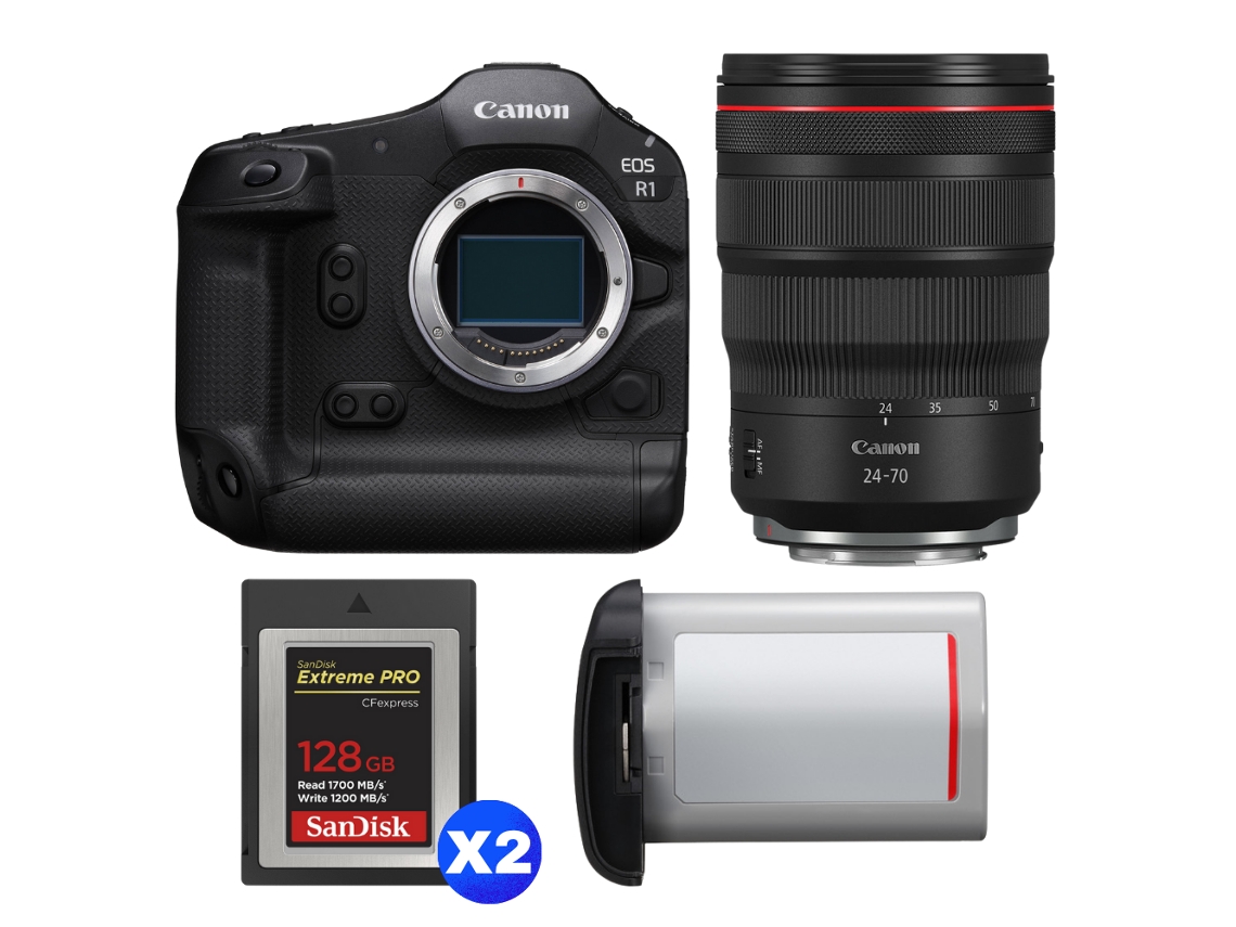 Canon EOS R1 + RF 24 70mm F/2.8 L IS Usm + 2 Sandisk 128GB Extreme Pro CFExpress Tipo B + Canon LP e19 + Libro electrónico “20 consejos para fotos impresionantes”