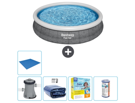 Piscina hinchable redonda Fast Set BESTWAY - Estampado ratán - 366 x 76 cm - Bomba incluida Vela solar - Paquete de mantenimiento - Filtrar - Suelo