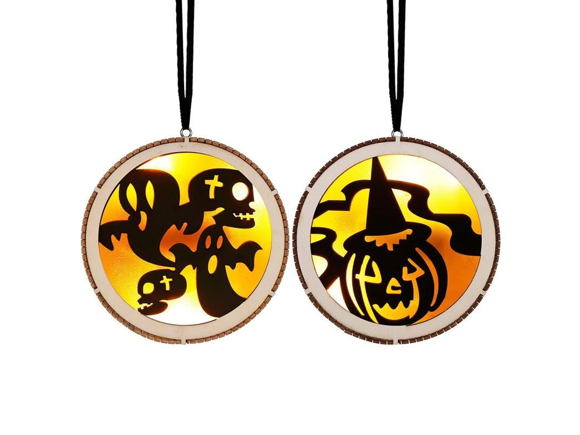 2026-adornos De Halloween Con Luces Led, Pack De 2 Calabazas De Madera Espeluznantes