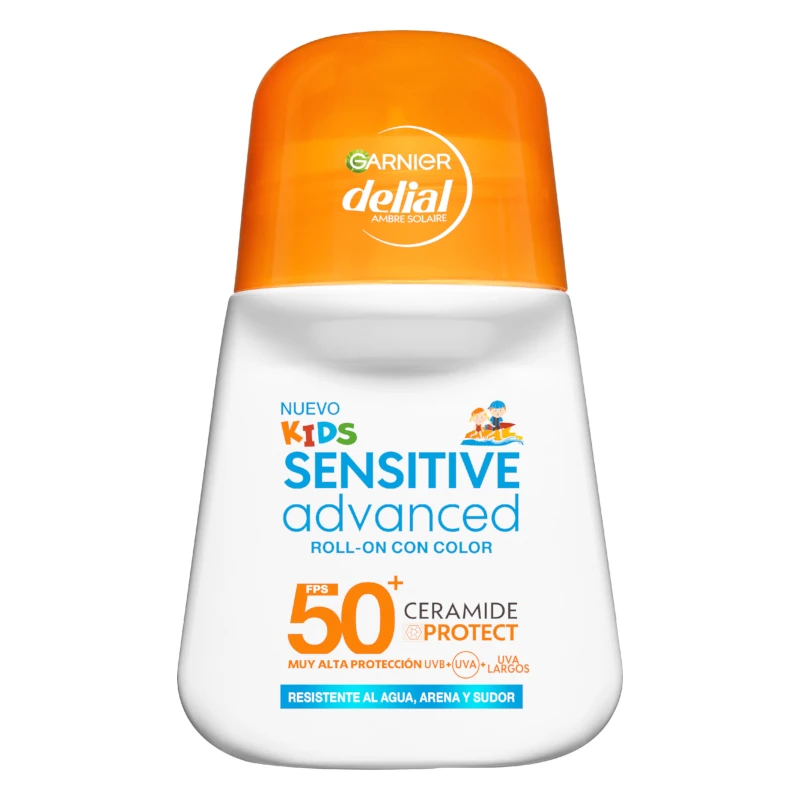 Protector solar con color en roll-on Garnier SPF 50+ para niños con piel sensible, 50 ml