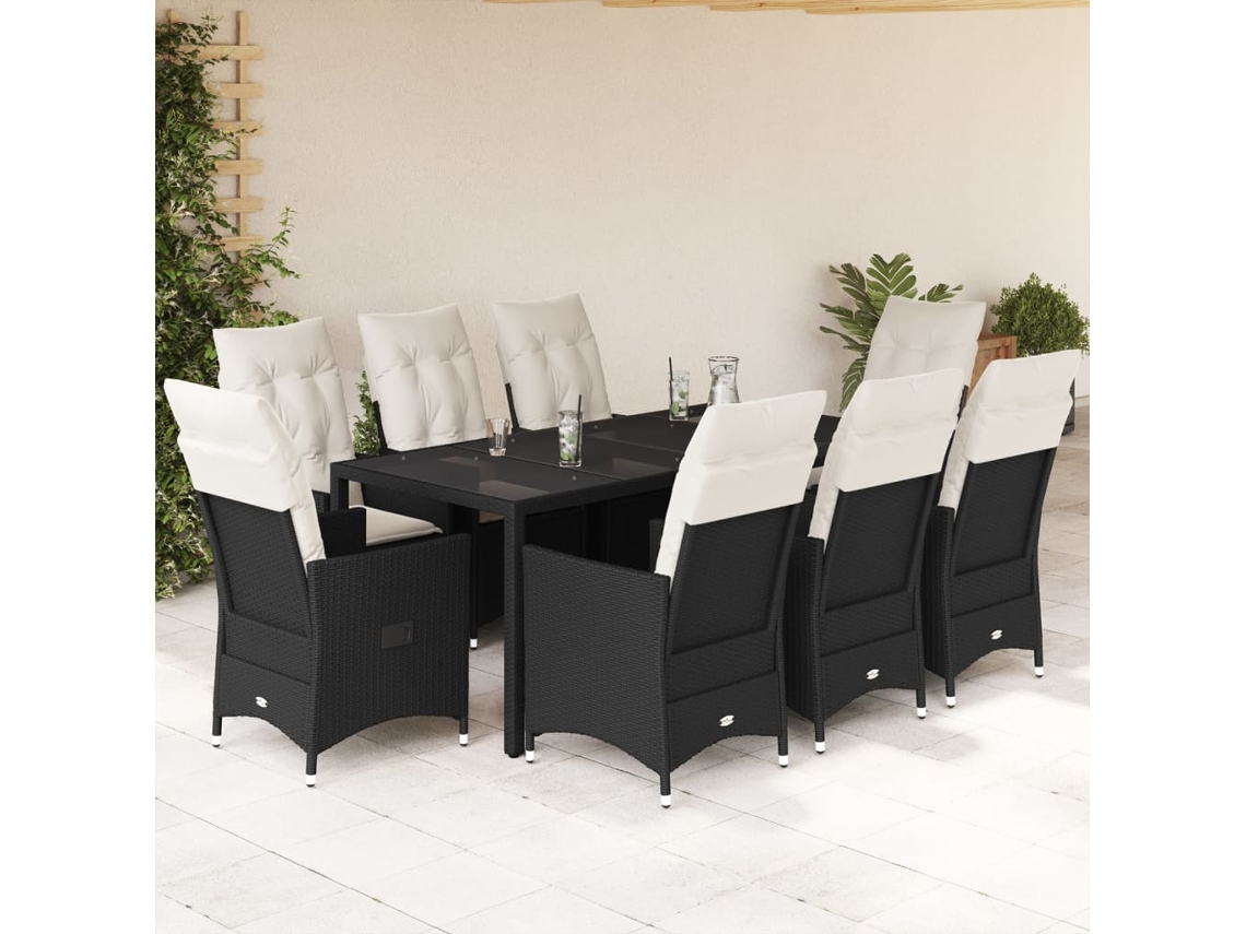 Juego de comedor de jardín de 9 piezas con cojines, mimbre sintético negro, DKD Home Decor