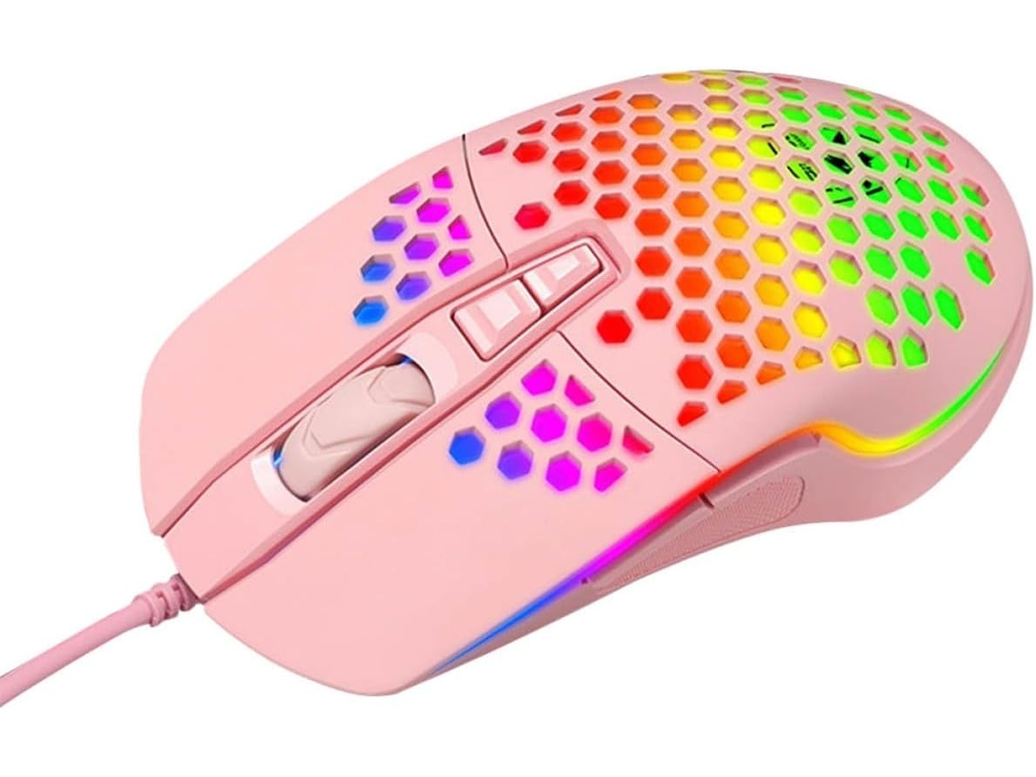 Ratón Gaming Rosa Luminoso Hueco Con Cable, Ratón Ergonómico Para Ordenador.