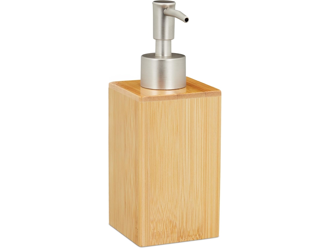 Dispensador De Jabón Líquido Recargable Con Bomba Presión, Fabricado En Bambú Y Plástico, 200 Ml, Para Uso El Baño, Color Natural/plat...