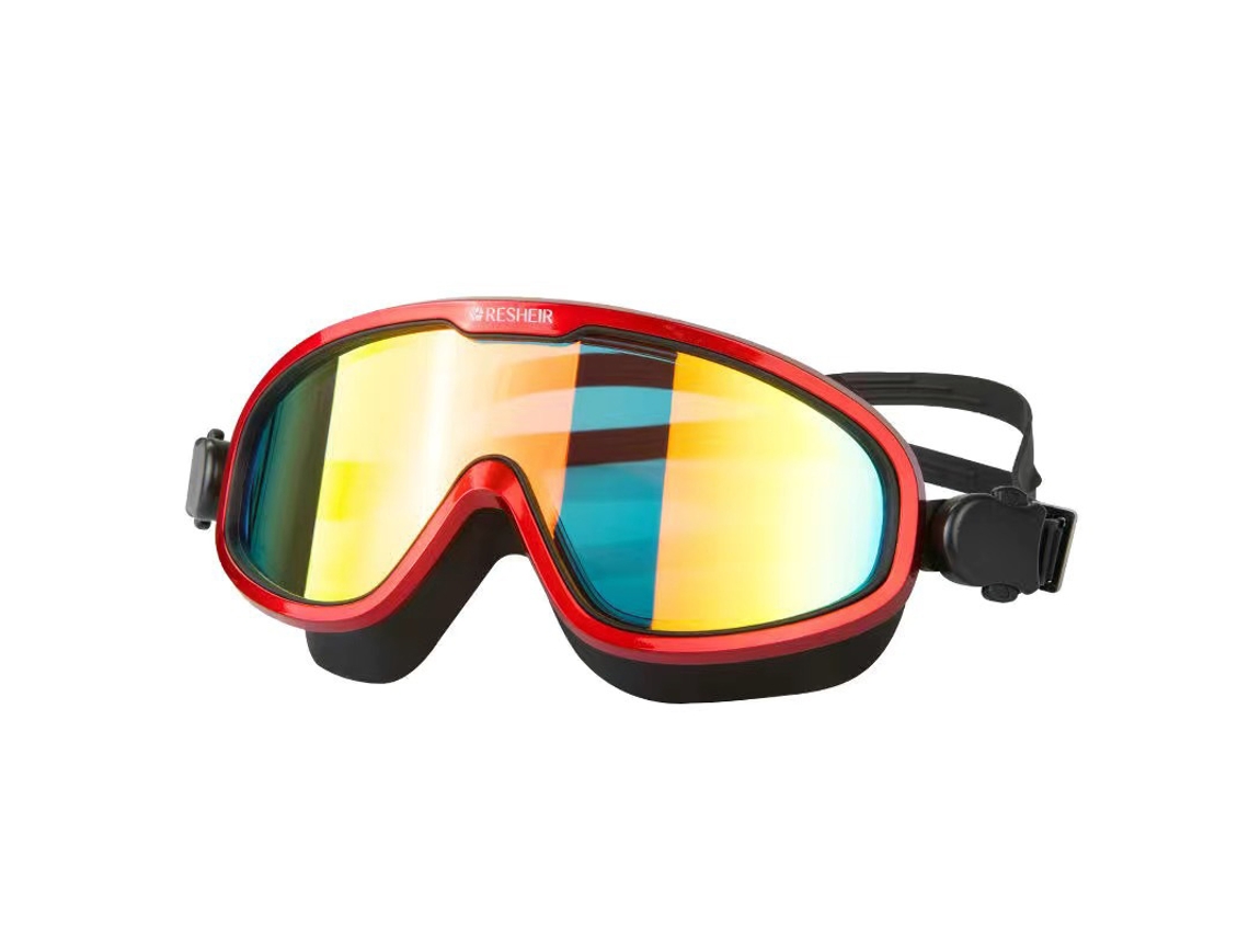 Gafas de natación anchas rojas, antihumo y antifugas.