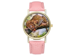 Reloj De Cuarzo Unisex Con Correa De Cuero Pu Moda Dial De Leopardo Rosa