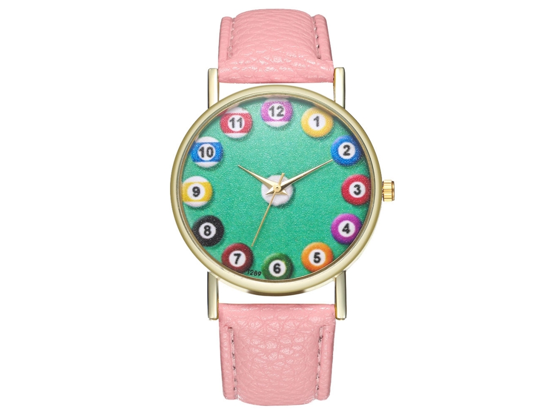 Reloj De Pulsera Unisex De Cuarzo Con Correa De Cuero Y Esfera Rosa Estilo Billar.