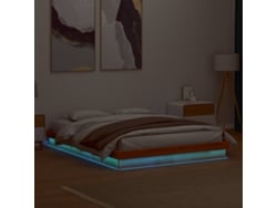 Estructura De Cama Led Madera Maciza Pino Marrón Cera 160x200cm