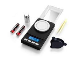 Báscula digital de precisión de 0,001 g x 50 g, minibáscula electrónica para joyería, monedas, repuestos y cocina con pesas de calibración, pinzas y bandejas.