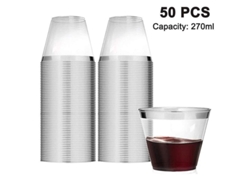 50 Jarrones Plásticos para Cócteles 9 Oz Con Borde Dorado, Rosa Dorado o Plata Transparentes Desechables