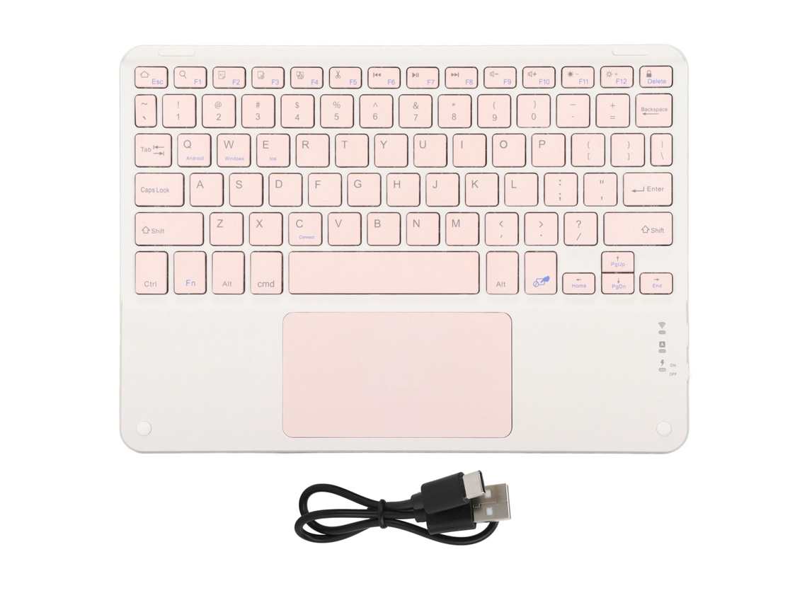 Teclado inalámbrico rosa de 10 pulgadas con panel táctil para teléfonos y portátiles.