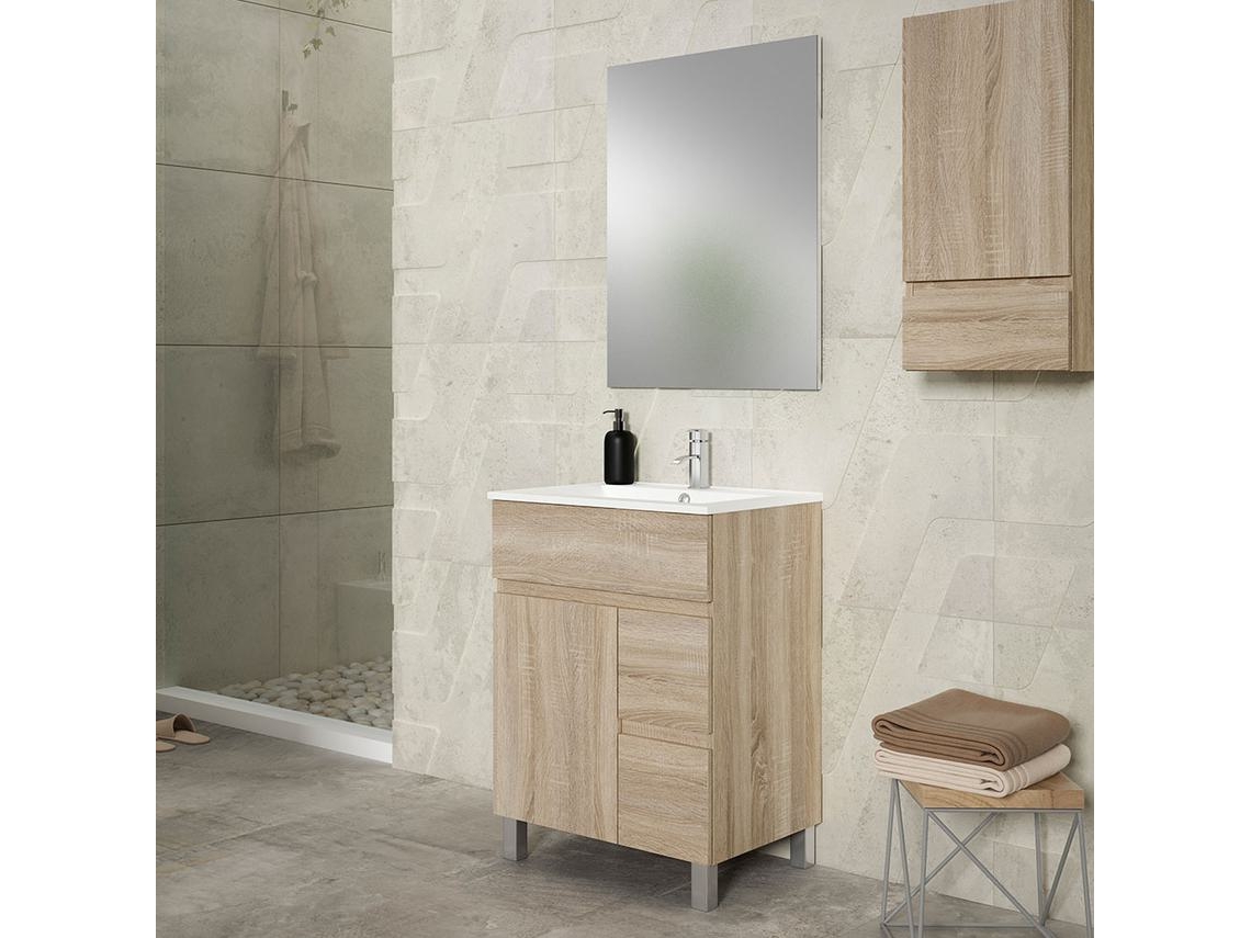 Mueble de baño con Lavabo, Espejo y Aplique LED URBAN 60x45 cm acabado Cambrian mate 2 cajones y puerta