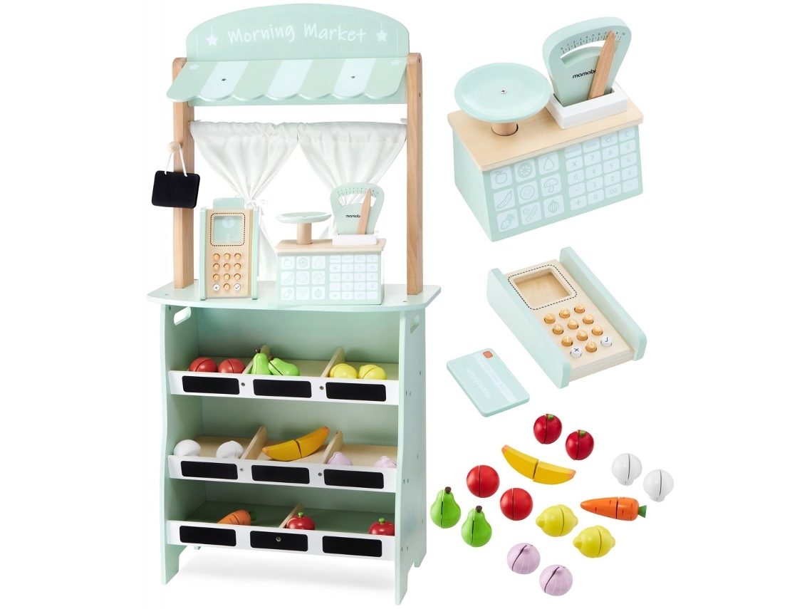 Mercado Infantil Y Teatro De Madera 97 X 48 X 24 Cm - Puesto De Venta Grande 2 En 1 - Terminal, Báscula Para Frutas Y Verduras