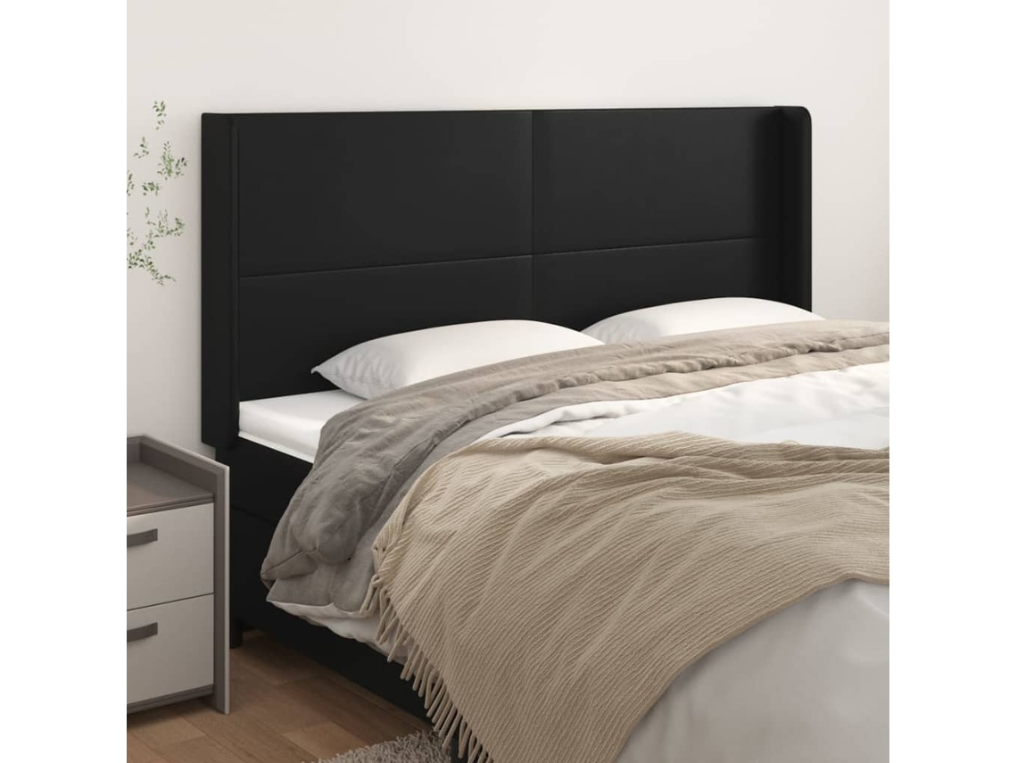 Cabecero Con Orejas De Cuero Sintético Negro 203x16x118/128 Cm